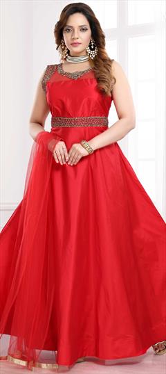 Party Wear Red and Maroon color Salwar Kameez in Taffeta Silk fabric with Anarkali Stone work : 1699401