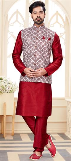 Red and Maroon color Kurta Pyjama with Jacket in Dupion Silk fabric with Digital Print work : 1699678