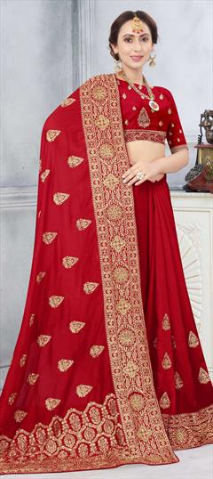 Traditional Red and Maroon color Saree in Art Silk, Silk fabric with South Embroidered, Stone, Thread, Zari work : 1699706