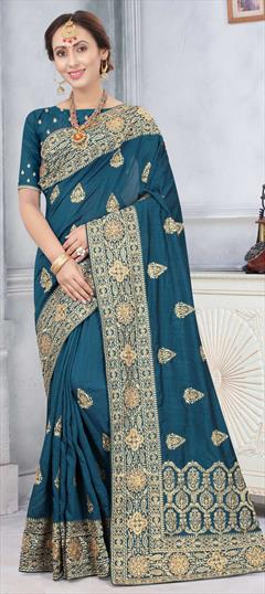 Traditional Blue color Saree in Art Silk, Silk fabric with South Embroidered, Stone, Thread, Zari work : 1699707