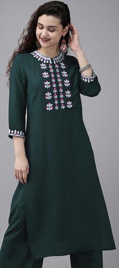 Casual Green color Kurti in Rayon fabric with Long Sleeve, Straight Embroidered, Sequence, Thread work : 1699860