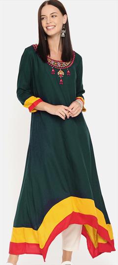 Casual Green color Kurti in Rayon fabric with Asymmetrical, Long Sleeve Embroidered, Resham, Thread work : 1699868