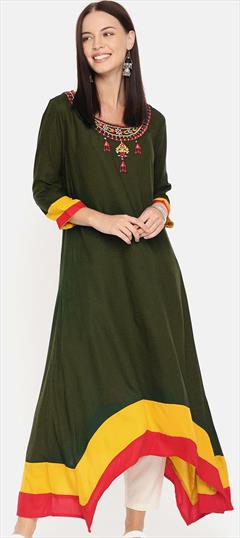 Casual Green color Kurti in Rayon fabric with Asymmetrical, Long Sleeve Embroidered, Resham, Thread work : 1699869