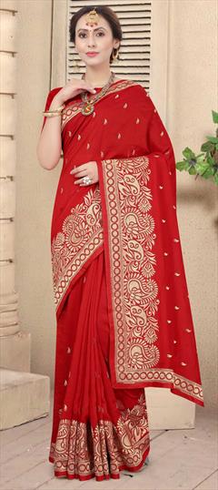 Traditional Red and Maroon color Saree in Art Silk, Silk fabric with South Embroidered, Resham, Stone, Zari work : 1699876