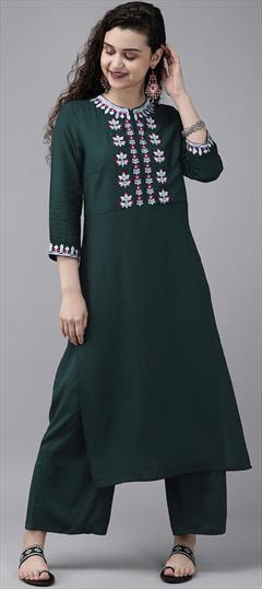 Party Wear Green color Tunic with Bottom in Rayon fabric with Embroidered, Sequence, Thread work : 1699901