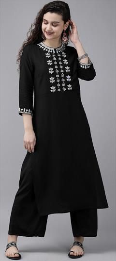 Party Wear Black and Grey color Tunic with Bottom in Rayon fabric with Embroidered, Sequence, Thread work : 1699902