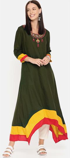 Party Wear Green color Tunic with Bottom in Rayon fabric with Embroidered, Resham, Thread work : 1699908