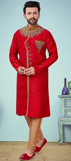 Red and Maroon color Kurta Pyjamas in Cotton fabric with Embroidered, Stone, Thread work : 1700282