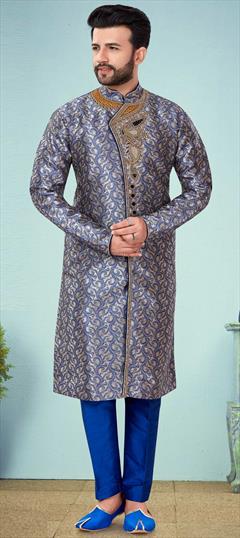 Blue color Kurta Pyjamas in Jacquard fabric with Bugle Beads, Cut Dana, Thread work : 1700290