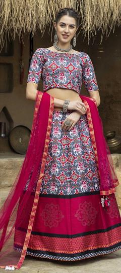Festive, Party Wear Black and Grey color Lehenga in Art Silk fabric with A Line Printed work : 1700301