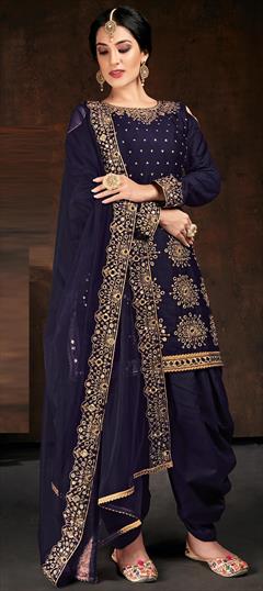 Festive, Party Wear Blue color Salwar Kameez in Cotton fabric with Patiala Embroidered, Mirror, Thread work : 1700417