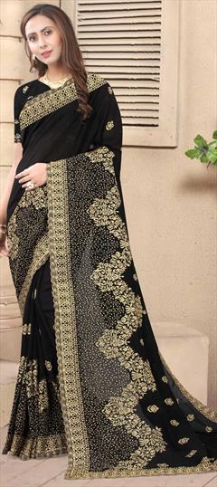 Traditional Black and Grey color Saree in Art Silk, Silk fabric with South Embroidered, Stone, Thread, Zari work : 1701045
