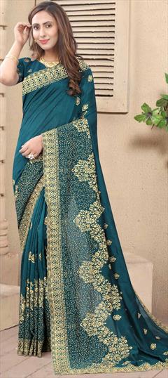 Traditional Blue color Saree in Art Silk, Silk fabric with South Embroidered, Stone, Thread, Zari work : 1701048