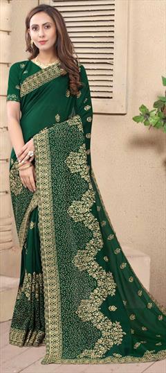 Traditional Green color Saree in Art Silk, Silk fabric with South Embroidered, Stone, Thread, Zari work : 1701049
