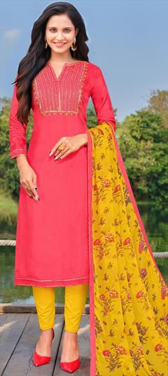 Casual, Party Wear Pink and Majenta color Salwar Kameez in Cotton fabric with Straight Embroidered, Resham, Thread work : 1701224