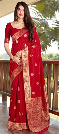 Traditional Red and Maroon color Saree in Banarasi Silk, Silk fabric with South Weaving work : 1701466