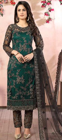 Festive, Party Wear Black and Grey, Green color Salwar Kameez in Net fabric with Straight Sequence work : 1701751