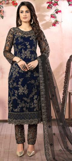 Festive, Party Wear Black and Grey, Blue color Salwar Kameez in Net fabric with Straight Sequence work : 1701754