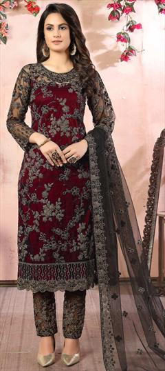 Festive, Party Wear Black and Grey, Red and Maroon color Salwar Kameez in Net fabric with Straight Sequence work : 1701755