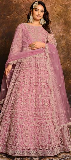 Festive, Party Wear, Reception Pink and Majenta color Salwar Kameez in Net fabric with Anarkali Embroidered, Thread work : 1701794