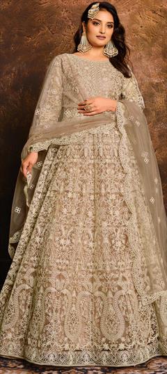 Festive, Party Wear, Reception Beige and Brown color Salwar Kameez in Net fabric with Anarkali Embroidered, Thread work : 1701795