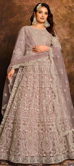 Bridal, Festive, Party Wear, Reception Purple and Violet color Salwar Kameez in Net fabric with Anarkali Embroidered, Thread work : 1701797