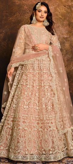 Festive, Party Wear, Reception Beige and Brown color Salwar Kameez in Net fabric with Anarkali Embroidered, Thread work : 1701798
