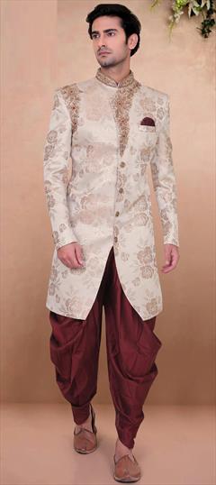 Beige and Brown color IndoWestern Dress in Jacquard fabric with Bugle Beads, Stone, Weaving work : 1702256
