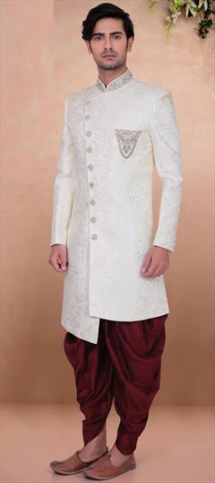 White and Off White color IndoWestern Dress in Brocade fabric with Bugle Beads, Patch, Thread, Weaving work : 1702267