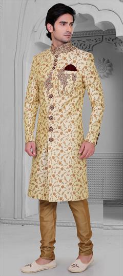 Beige and Brown color Sherwani in Art Silk fabric with Patch, Stone, Thread work : 1702272