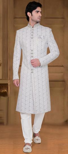 Wedding White and Off White color Sherwani in Cotton fabric with Embroidered, Resham, Thread work : 1702280