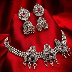 Red and Maroon color Necklace in Metal Alloy studded with CZ Diamond & Silver Rodium Polish : 1702281