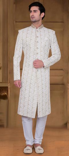 Gold, White and Off White color Sherwani in Cotton fabric with Embroidered, Resham, Thread work : 1702284
