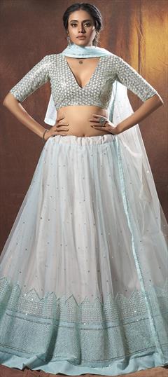 Bridal, Festive, Wedding Blue color Lehenga in Net fabric with A Line Embroidered, Resham, Sequence, Thread work : 1702860