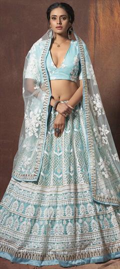Bridal, Festive, Wedding Blue color Lehenga in Net fabric with A Line Embroidered, Resham, Sequence, Thread work : 1702861