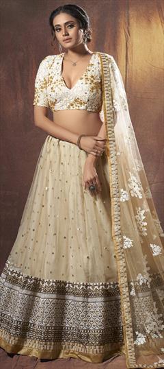 Bridal, Festive, Wedding Beige and Brown color Lehenga in Net fabric with A Line Embroidered, Resham, Sequence, Thread work : 1702863