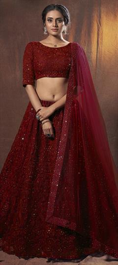 Bridal, Festive, Wedding Red and Maroon color Lehenga in Net fabric with A Line Embroidered, Resham, Sequence, Thread work : 1702868