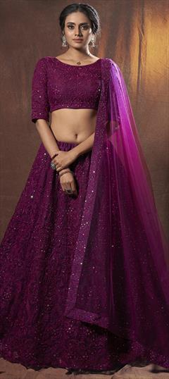 Bridal, Festive, Wedding Purple and Violet color Lehenga in Net fabric with A Line Embroidered, Resham, Thread work : 1702870