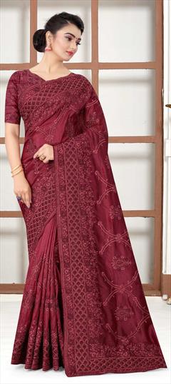 Traditional Red and Maroon color Saree in Art Silk, Silk fabric with South Embroidered, Resham, Thread work : 1702944