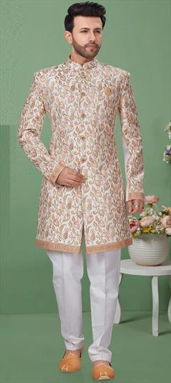 White and Off White color Sherwani in Dupion Silk fabric with Embroidered, Resham, Thread work : 1703249