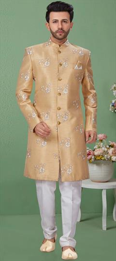 Gold color Sherwani in Dupion Silk fabric with Embroidered, Resham, Thread work : 1703252