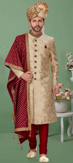 Beige and Brown color Sherwani in Jacquard fabric with Bugle Beads, Thread work : 1703262