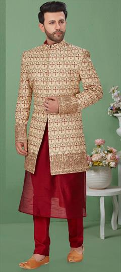 Gold color Kurta Pyjama with Jacket in Dupion Silk fabric with Embroidered, Resham, Thread work : 1703271