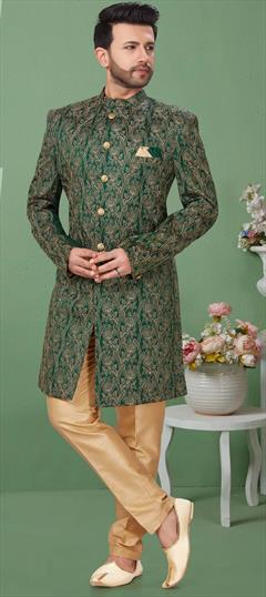 Green color Sherwani in Dupion Silk fabric with Embroidered, Thread, Zari work : 1703275