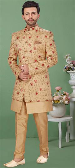 Beige and Brown color Kurta Pyjama with Jacket in Dupion Silk fabric with Embroidered, Resham, Thread, Zari work : 1703290