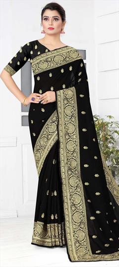 Festive, Traditional Black and Grey color Saree in Silk fabric with South Embroidered, Stone, Zari work : 1703528
