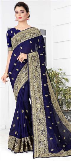 Traditional Blue color Saree in Art Silk, Silk fabric with South Embroidered, Stone, Thread, Zari work : 1703532
