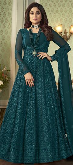 Bollywood Green color Salwar Kameez in Georgette fabric with Anarkali Embroidered, Sequence, Thread work : 1703576