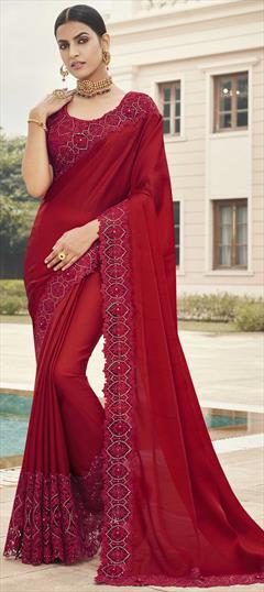Party Wear, Wedding Red and Maroon color Saree in Satin Silk fabric with Classic Embroidered, Resham, Sequence, Stone, Zari work : 1703658