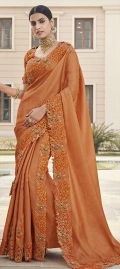 Party Wear, Wedding Orange color Saree in Satin Silk fabric with Classic Embroidered, Resham, Sequence, Zari work : 1703663